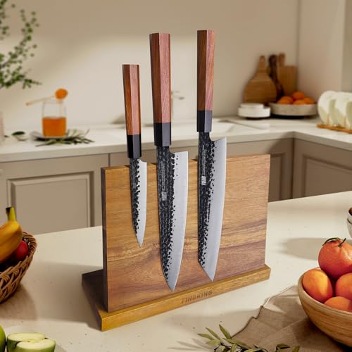 FINDKING Magnetic Knife Block, Teak Wood Utensils Holder, Strong Magnet Stand for Kitchen Counter (10.8 x 8 Inches, Without Knives) - color: Brown