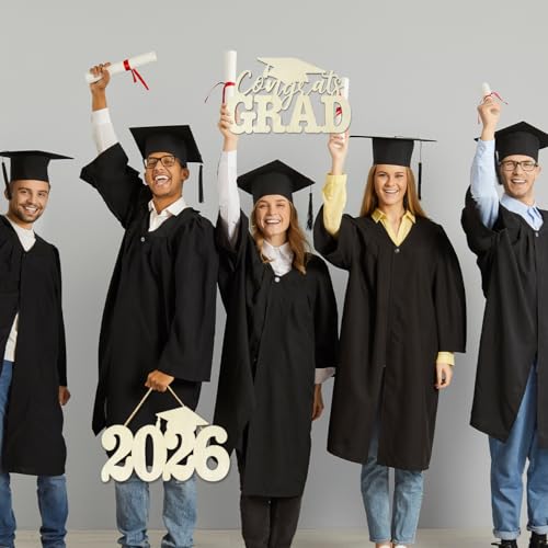 2Pcs Class of 2026 Wood Signs Graduation Decorations 2026 Wooden Sign Congrats Grad Photo Booth Props for Graduation Party Decoration Wood Cutout High College School Party Supplies