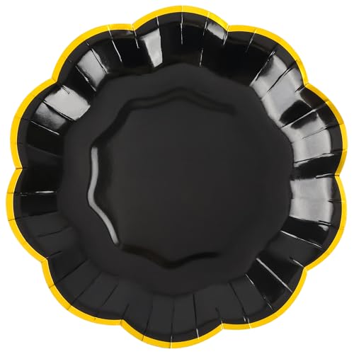 AimFun 48 Pcs Graduation Black and Gold Scalloped Paper Plates 7 Inch Disposable Dessert Plates with Gold Foil Elegant Cake Plate for Wedding Birthday Baby Shower Party Supplies - color: Black