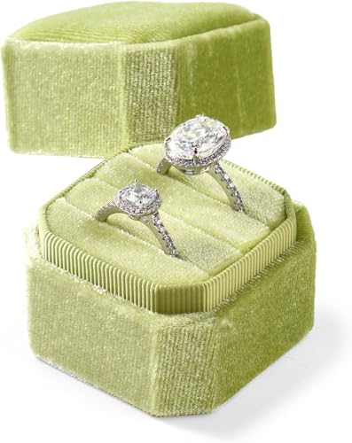 Ring Box, 3 Slots Velvet Jewelry Storage, Octagonal Ring Holder for Proposal, Engagement, Wedding Ceremony (Light Green) - color: Light Green