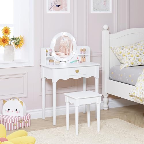 UTEX Kids Vanity, Girls Vanity Set with Mirror and Stool and Lights, Kids Vanity Table and Chair Set,Wooden Princess Makeup Desk Dressing Table, White - style: Golden Heart with LED Blubs