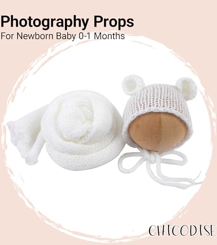 Baby Photography Props Infant Boy Girl Outfits - Crochet Knit Mohair Wrap Blanket & Bear Hat for Newborn Photo Shoots (White) - color: White