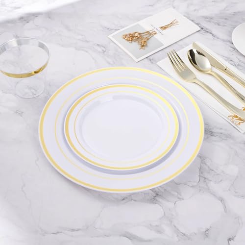 BESTVIP 50PCS Gold Plastic Plates, 10.25 Inch Disposable Dinner Plate Party with Gold Rim, Heavy Duty Disposable Plastic Plates for Christmas, Thanksgiving, Party, Wedding and Birthday - color: Gold, size: 50PC