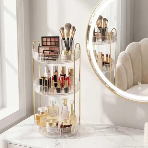 Aveniee Crystal Three-Layer 360° Rotating Cosmetic Stand, Premium Solid Metal Pole Sturdy Construction, Translucent Revolving Beauty Storage Unit for Vanity, Sink or Bathroom Shelf, White - color: Pearl White, size: Standard-3 Tier