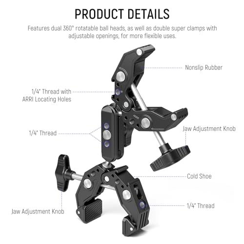 Neewer Double Super Clamp Camera Mount with Magic Arm, Cold Shoes for Desk Studio Light Stand Holder Photography Reflector, Flag, Cross Bars, Motorcycle, Umbrella, Pole Stick Shoot Accessories Tools - style: UA036