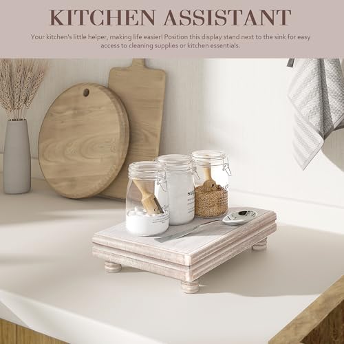 EOSAHR Decorative Tray Wood Pedestal Stand – Farmhouse Wooden Tray for Soap Holder & Bathroom Accessories - Kitchen Essentials & Bathroom Organizer for Home Decor (Natural Wood) - color: Natural