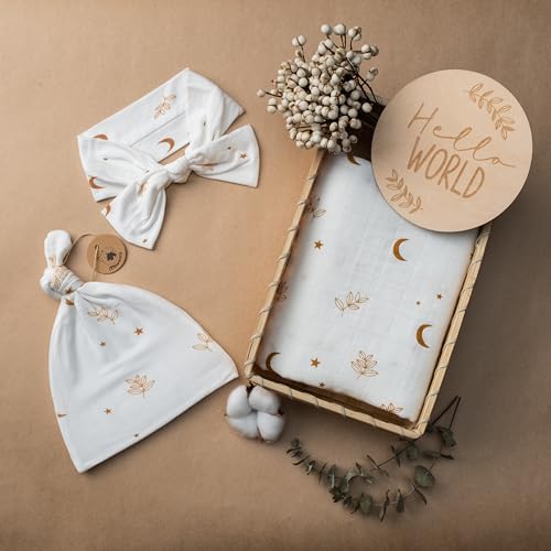 Miaoberry Organic Muslin Swaddle Blanket and Hat Set – Moon and Stars Nursery Decor – Sun & Moon Baby Hospital Receiving Outfit for Birth Announcement, Newborn Photography - color: Moon White