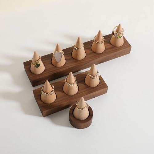 Wooden ring organizer holder for jewelry, Stable ring display stand for boutique store, walnut base with white ring cones for jewelry selling【Ring holder-Cone 3】 - style: Three Cone