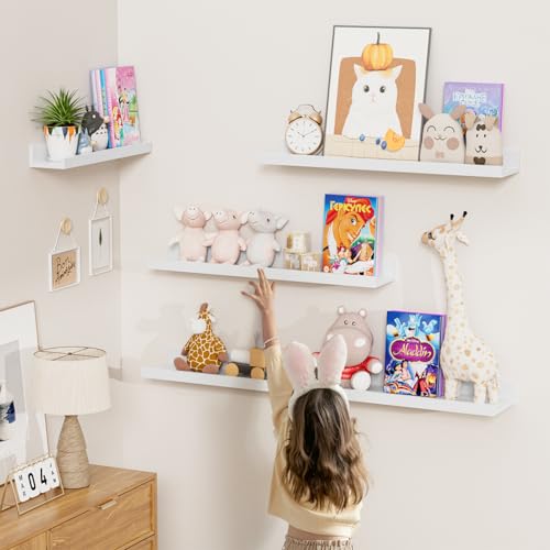 Heimlove Picture Ledge Shelf,24 inch Long Floating Shelves for Wall Set of 4,White Picture Shelf with Lip for Wall Decor,Living Room,Bedroom,Bookshelf,Nursery,Perfume - color: White, size: 24'', Set of 4