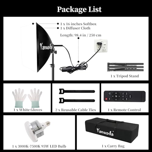 Professional 16''x16'' Softbox Lighting Kit - Studio Light Photography with Remote, Adjustable Brightness & 3 Colour Temperatures - Portable Studio Light for YouTube, Product Photography - size: 16"x16" 1pk