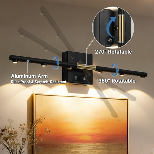 Picture Lights Rechargeable for Wall: Battery Operated Wall Sconces Wireless Art Lighting for Painting Canvas Gallery 360° Rotatable Detachable Battery Aluminum 48H (1, Black with Lens) - color: Black With Lens