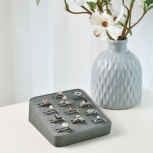 MOOCA 12 Slots Ring Tray Display, Slotted Ring Showcase Display Jewelry Organizer Stand for Home Trade Show, Steel Grey Faux Leather Trim - color: Steel Grey Faux Leather, 12 slots