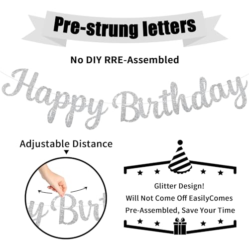 Silver Happy Birthday Banner, Pre-Strung Glitter Silver Birthday Sign, 10 Feet, NO DIY, Happy Birthday Garland for Women Men Birthday Party Decorations Supplies - color: Silver