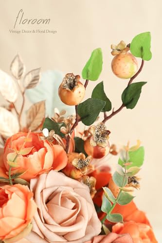 Floroom Artificial Greenery Stems Box Set, 63pcs with 7 Kinds of Faux Greenery Flowers Picks for DIY Bridal Bouquets Wedding Floral Arrangement Table Centerpieces, Burnt Orange & Green - color: Burnt Orange & Green