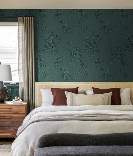 Erfoni 394"x17.7" Dark Green Floral Embossed Wallpaper for Livingroom Decorative Thicken Peel and Stick Wallpaper Floral Textured Removable Contact Paper Vintage Pure Green Self Adhesive Wall Paper - color: Dark Green, size: 17.7" x 394"