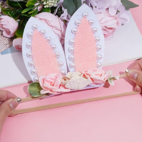 Floral Bunny Ear Headband Flower Elastic Hairband Easter Flower Ear Crown Spring Bunny Headbands
