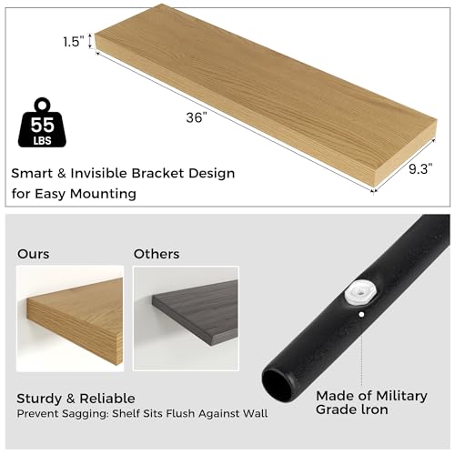 Venusmiles Floating Shelves for Wall, Engineered Wood Wall Shelves with Invisible Brackets for Living Room Bedroom Bathroom Office Kitchen Decor and Storage (Oak, 36" W x 9" D x 1.5" H) Set of 2 - color: Natural Oak, size: 36"W, Set of 2