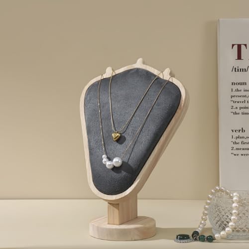 Natural Body Wood Necklace Display Stand with Gray Flannelette Soft Mat Necklace Holder Organizer Desktop Stand for Home Store Dresser-3.3"x5.8"x8.4" - color: Natural-Gray, size: 3.3"x5.8"x8.4"