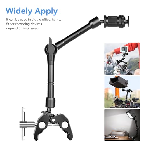 UTEBIT 11" Adjustable Magic Arm with Super Clamp, 360 Ball Heads with ARRI 1/4" & 3/8" Thread Screw for Flash/LED Light/Microphone/Monitor, Compatible with SmallRig Camera Cage, Max Load: 4.4lb/2kg - size: 11inch