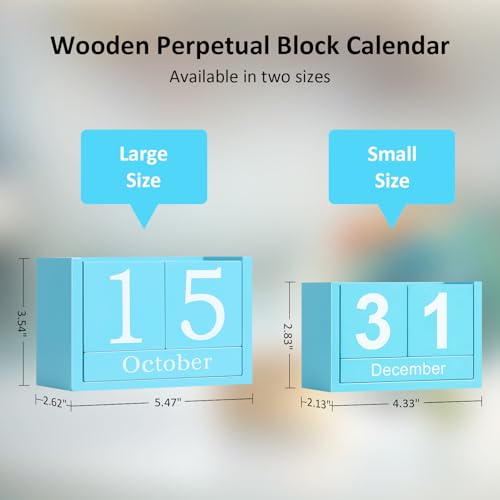 Wooden Block Calendar for Desk, Large Size Daily Desktop Perpetual Desk Calendar, Cute Date Display Desk Accessories for Home Office Decor, Teacher, Classroom, Reusable Yearly, Blue - color: Blue, size: Large Size