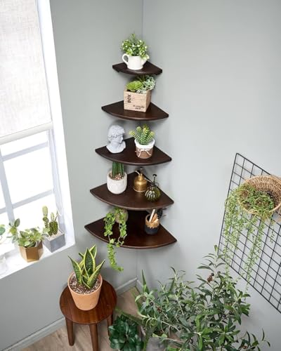Corner Shelf, Solid Oak Wood Floating Corner Shelf Wall Mount Round End Floating Speaker with Wire Hole for Small Plant Photo for Bedroom Kitchen, Living Room Walnut - color: Walnut, size: 8.7in