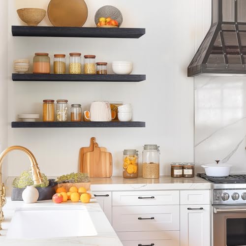 BAYKA Floating Shelves for Wall, Set of 3, 36 Inches Long Black Wall Mounted Rustic Wood Shelves for Bathroom, Bedroom, Living Room or Kitchen, for Book/Storage/Decor with 30lbs Capacity - color: A. Black - Universal Classic Style, size: 36inches