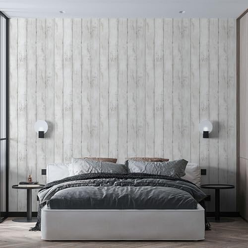 White Grey Wood Paper 17.71 in X 205 in Self-Adhesive Removable Peel and Stick Wallpaper Decorative Wall Covering Vintage Wood Panel Interior Film Surfaces - color: White/Gray, size: 17.7" x 205"