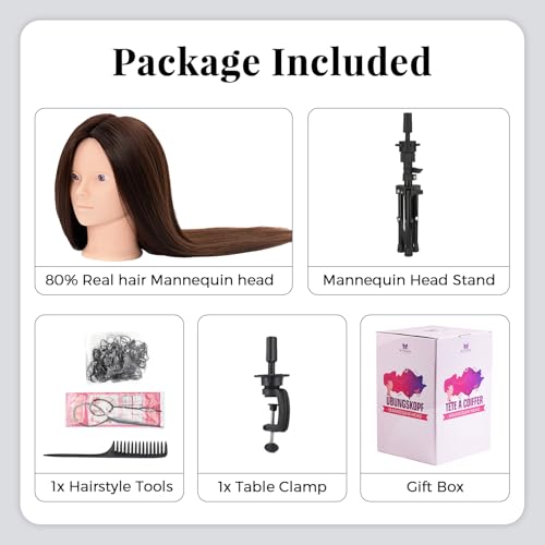 28 Inch Mannequin Head 80% Real Hair with Tripod Stand, Cosmetology Manikin Practice Doll Head,Braiding Hairdressing Head with Table Clamp + DIY Hair Styling Set #4 - color: Brown