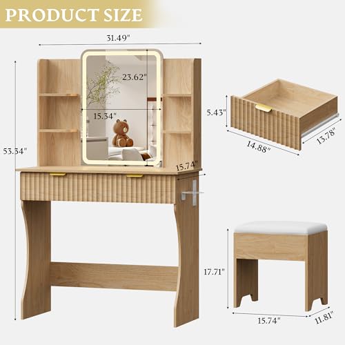Vanity Desk with LED Lights Mirror & Power Outlet, Small Makeup Vanity Table Set with Storage Drawers & Chair, 3 Lighting Modes & Adjustable Brightness, Dressing Table for Women Girls Bedroom, Oak - color: Oak, size: 2 Drawers