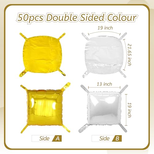50PCS White and Gold Square Foil Balloon Wall, 19'' Reusable DIY Mylar Double Side Balloons Garland Tunnel Arch Kit for Anniversary Baby Shower Bachelorette Birthday Engagement Bridal Decor - color: White & Gold