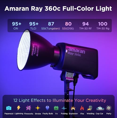 Amaran Ray 360c 360W RGBWW Full-Color LED Video Light, OmniColor Engine for True-to-Life HSI/CCT, 17,130 lux@1m, IP54, App/DMX Control, Bowens Mount Monolight for Studio & Outdoor Photography - color: Ray 360c