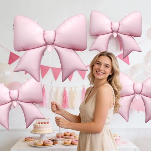 Biapian 6 Pcs Pink Bow Balloons, 38 Inch Giant Bow Foil Balloons, Elegant Pink Aluminum Balloon for Girls Women Bow Themed Birthday Bridal Baby Shower Wedding Bachelorette Princess Party Decorations - style: Pink Bow