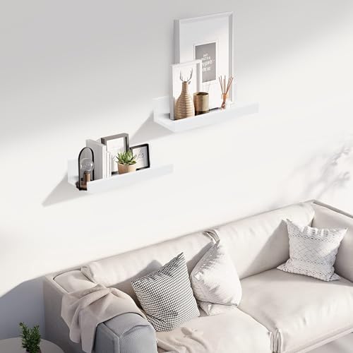 Muzilife 12" Small Floating Wall Ledge Shelves with Lip - Set of 2 Wood Floating Shelves - White Wall Mounted Picture Ledge for Office, Bathroom, Bedroom, Living Room, Kitchen - color: White, size: 12"