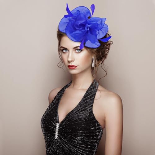 Fascinators Hats with Gloves Set for Women 20s 50s Cocktail Tea Party Wedding Costume Headwear - color: 03-royal Blue