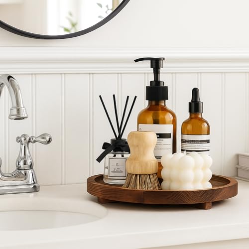 12 inch Large Round Decorative Tray Wood Bathroom Counter Organizer Farmhouse Kitchen Decor Wooden Riser for Perfume Soap Dish Wood Decorative Candle Holders for Home Decor Brown Table Centerpieces - color: Dark Brown, size: 12 Inch