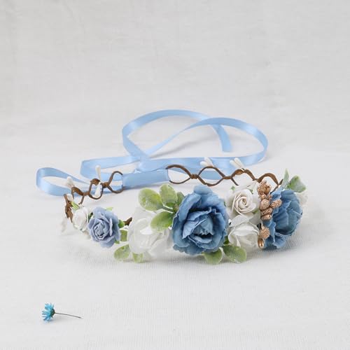 Flower Girl Flower Crown Pink Baby Girls Floral Headpieces Kids Headband Children Hair Wreath Photo Prop (Dusty Blue-Child Size) - color: Dusty Blue