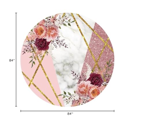 Renaiss 7x7ft Floral Marble Round Backdrop Cover for Photoshoot Portrait Rose Pink Glittering Camellia Circle Photography Background Wedding Bridal Shower Mother's Day Party Decor Photo Booth Prop - size: 7x7ft