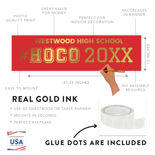 Andaz Press Large Custom Homecoming Decorations 2026, Personalized Homecoming Banner with Gold High School Name Colors, Customized HOCO Sign Banner, Adhesive Dots, HOCO Decorations 2026, 13x48 Inch - color: Custom High School HOCO Banner in Gold