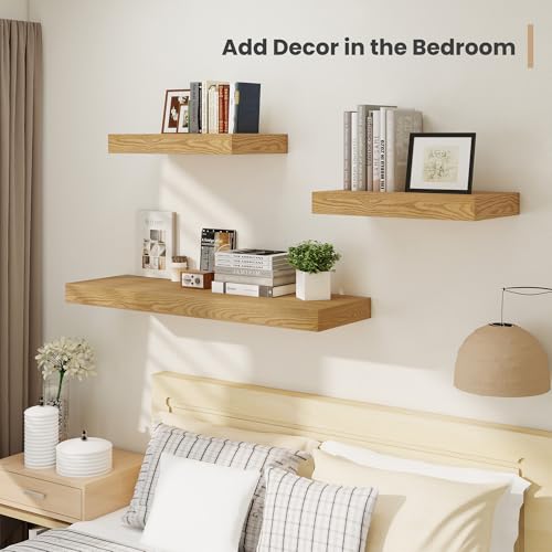 Heimlove 12" Deep Floating Shelves, 36 x 12 Inch Wall Mounted Long Floating Shelf with Invisible Brackets, for Home Decor, Bedroom, Kitchen, Living Room, Bathroom - 2 Pack, Oak - color: Oak, size: 36"W x 12"D x 2"H, Set of 2