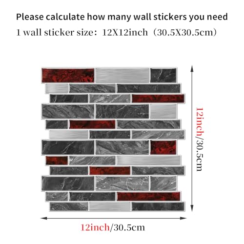 VICCI 12-Sheet Peel and Stick Tile Backsplash, Vinyl Waterproof Tiles Decals 12 x 12 inch Self Adhesive Wall Sticker for Kitchen, Bathroom & Laundry Room (Grey & Red Marble Style) - color: Spt-202, size: 12 x 12 inch (3D Textured style)