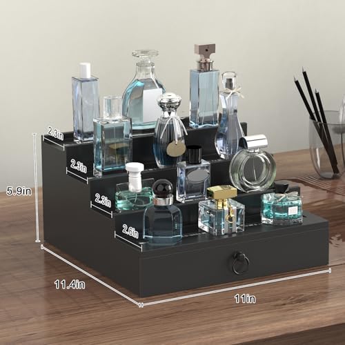 LED Lighted Cologne Organizer for Men, 4 Tier Wood Perfume Organizer with Velvet Lined Drawer, Multi Lighting Modes Perfume Display Holder with Remote Control, Cologne Shelf Stand, Nice Gift for Men - color: Fashion Black-4 Tier