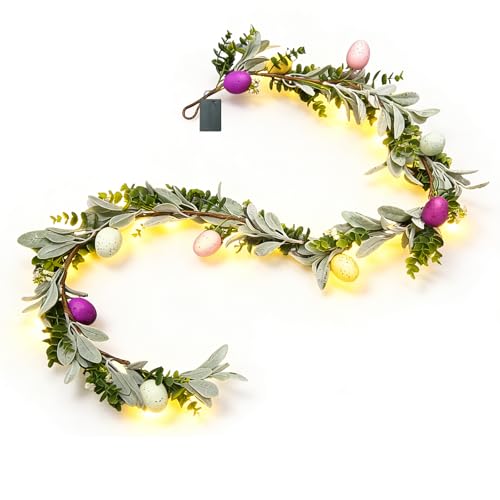 6FT Easter Egg Garlands with Lights for Mantle Artificial Colorful Spring Floral Eucalyptus Garland with LED 3 AA Battery Powered for Home Decoration Indoor Outdoor - color: Easter Garland
