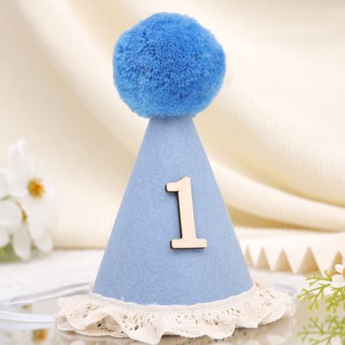 WAOUH Boho 1st Birthday Crown - Unisex Adjustable Baby Hat with Pom Topper, Felt Party Decoration & Photo Props - color: Light Blue