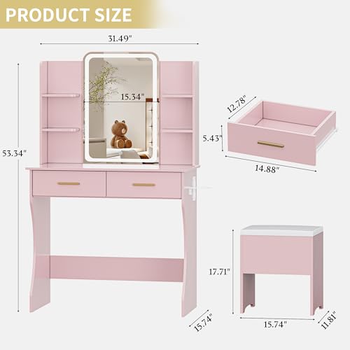 Vanity Desk with LED Lights Mirror & Power Outlet, Small Makeup Vanity Table Set with Storage Drawers & Chair, 3 Lighting Modes & Adjustable Brightness, Dressing Table for Women Girls Bedroom, Pink - color: Pink, size: 2 Drawers