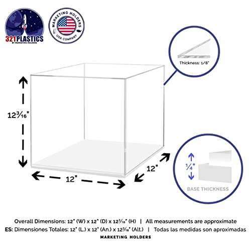 Clear Acrylic Display Box 12" x 12" with White Base Versatile Plexiglass Retail Product Dust Cover for Collectibles and Memorabilia by Marketing Holders - color: Clear, size: 12"W x 12"D w/Wht Base
