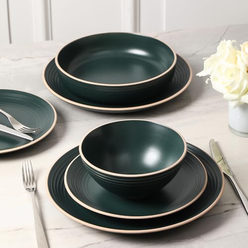 Stone Lain Lauren Modern Stoneware 32-piece Round Dinnerware Set, Plates and Bowls Set, Dish set for 8, Dark Green - color: Dark Green, size: 32-Piece Service for 8