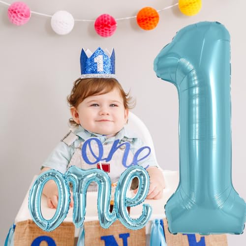 TONIFUL 40 Inch Giant Light Blue Number 1 Balloon,Mylar Foil Script Cursive Letter 1 Balloon Banner for Boys Girls Kids First Birthday One Year Old Party 1st Anniversary Ceremony Decoration - color: One-light Blue
