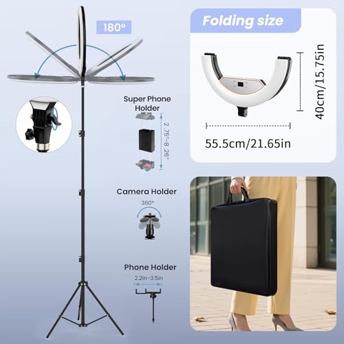 22" Foldable Large Ring Light with Stand for iPhone iPad,75" Tripod with Overhead Shooting Bracket 50W 6500K 4 Clips/LCD Display/2 USB PortsTattoo Barber Makeup Studio Video Photography Lighting - size: 22 inch Foldable with Tripod