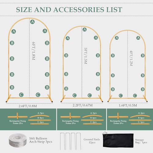 WellSign Wedding Arch Backdrop Stand 6FT, 5FT, 4FT Set of 3 Metal Gold Balloon Arch kit Stand for Ceremony Baby Shower Valentine Engagement Party Event Decoration, Garden Climbing Plant Fram - size: 6FT+5FT+4FT