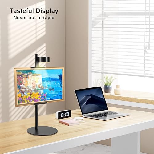 Adjustable Desktop Photo Frame Stand with Magnetic Wall Painting Light, Holds Picture Frames up to 18 Inch,with Rechargeable Battery,Metal Vertical Stand with 3 Color Temperature & 13RGB Poster Lights, for Displaying Picture Frames, Artworks (1 Pack, Blac